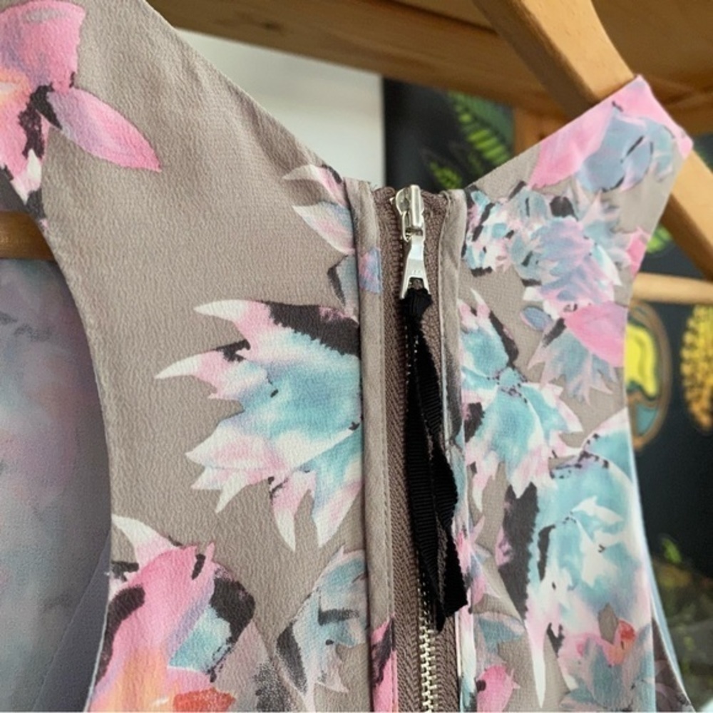 Rebecca Taylor Gray Pink Blue Silk Floral Mai Tai Time A-Line Twee Dress 2 - Picture 9 of 15
